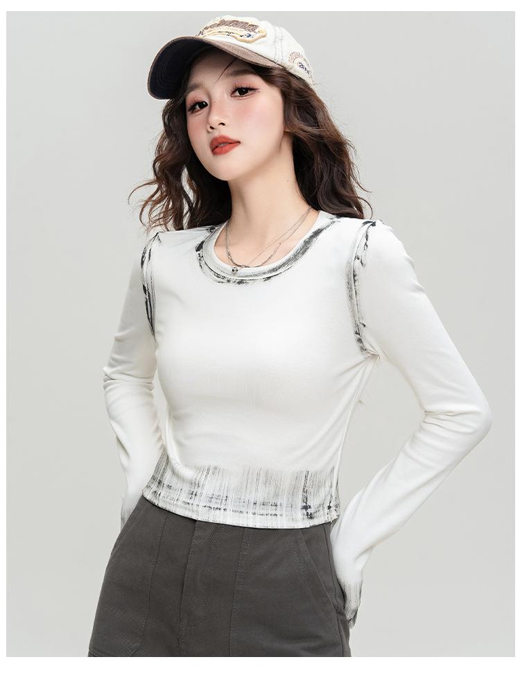 Color Brushing Craft Spicy Girl Short T-shirt Fashionable Spring and Autumn Style Personalized Long-sleeved Round Neck Slim Fit Inner Top