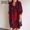 Abito a camicia da donna con colletto rovesciato e maniche lunghe, moda estiva, vestito con stampa a quadri