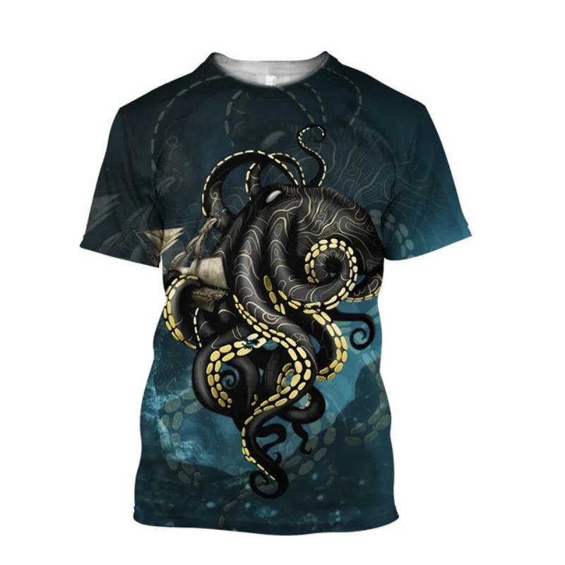 Retro Ocean Animal Pattern T-Shirt For Men Tentacle Organism 3D Printed T Shirts Loose Short Sleeve Tees Round Neck Street Tops
