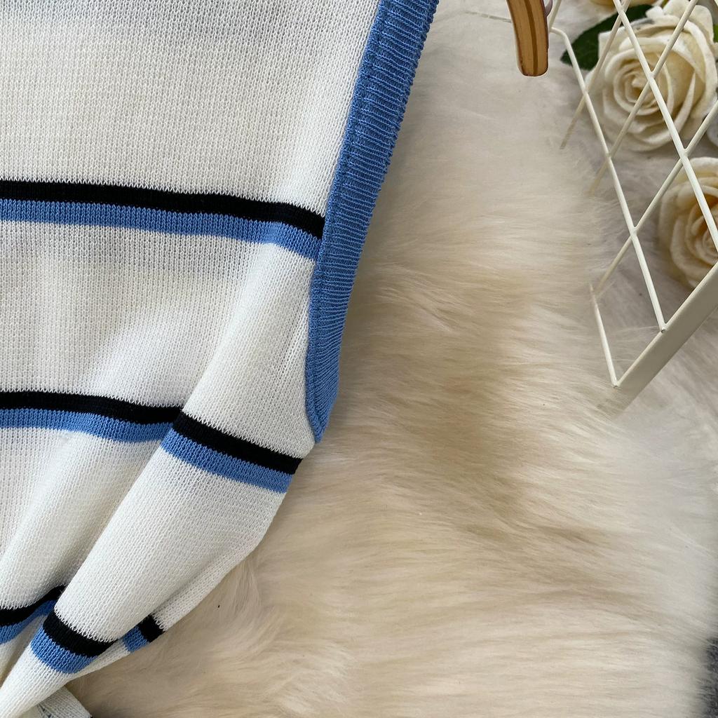 Casual Striped Crew-Neck Sleeveless Knit Top and High-Waisted Slimming Bodycon Midi Skirt Sets Summer Knitted Two Piece Sets for Women