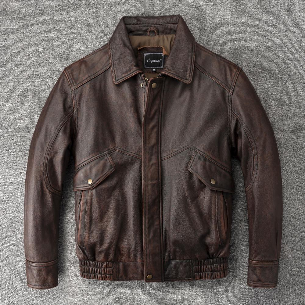 Vintage Red Brown Men Leather Jacket Oversized Style Black Genuine Cow Loose Man Bomber Coat Plus Size