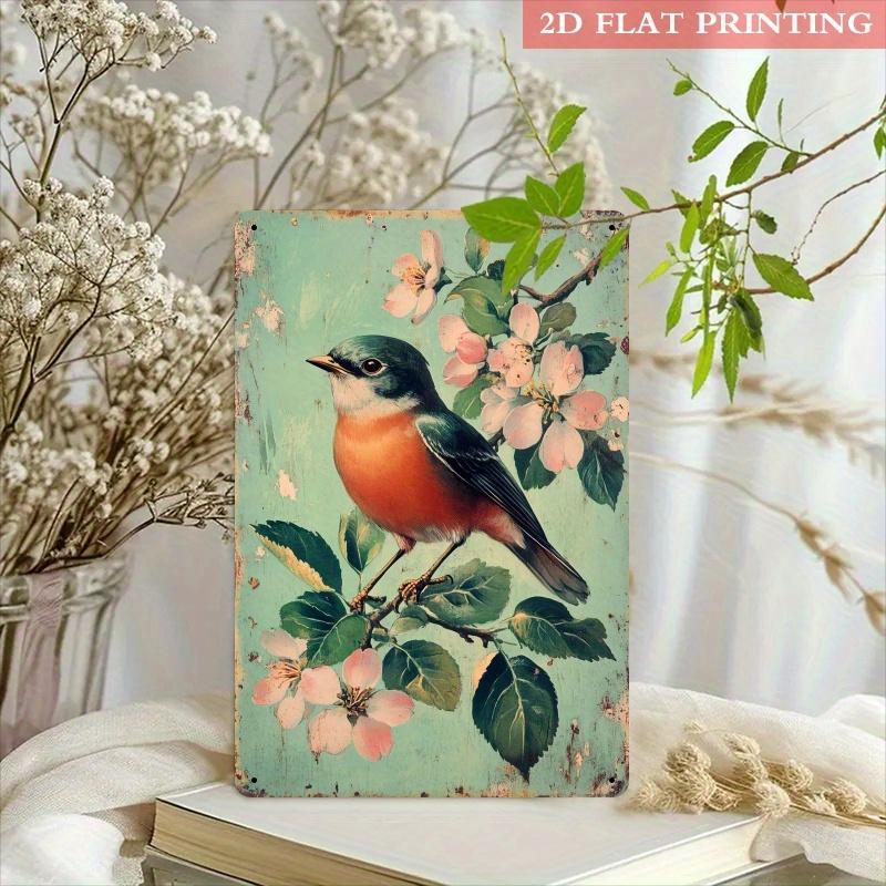1pc Vintage Bird & Blossom Metal Wall Art - 8x12 Inch Iron Sign with Pastel Spring Colors, Distressed Mint-Green Background