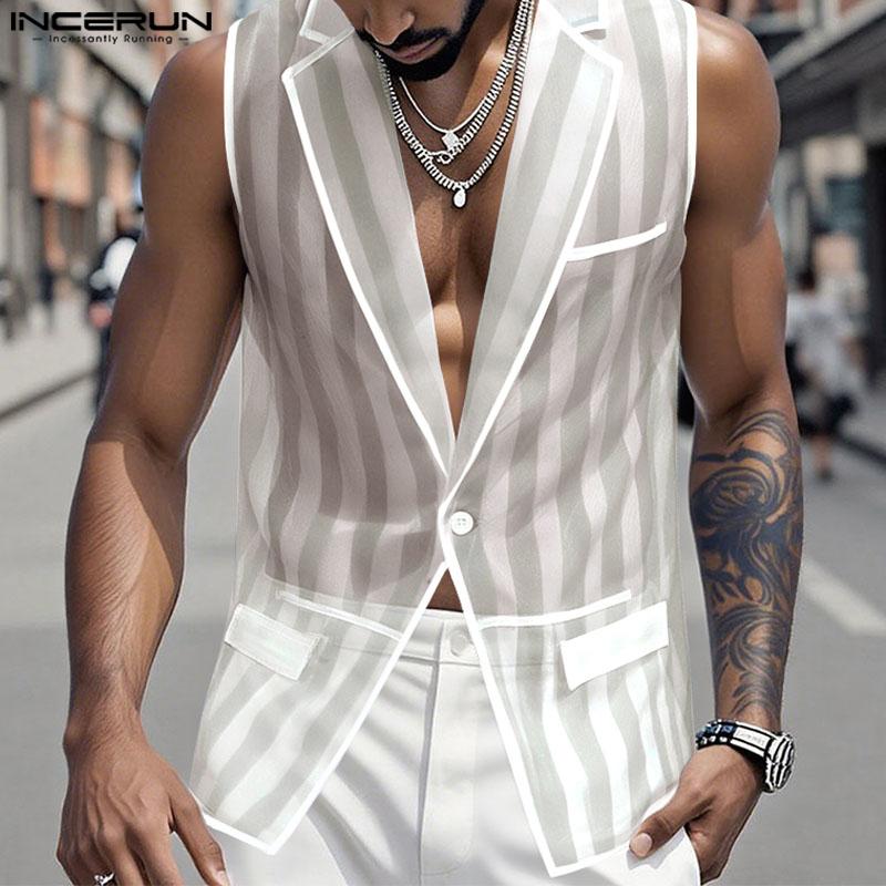 INCERUN Men Lapel Sleeveless Buttons Striped Transparent Mesh Sheer Waistcoats