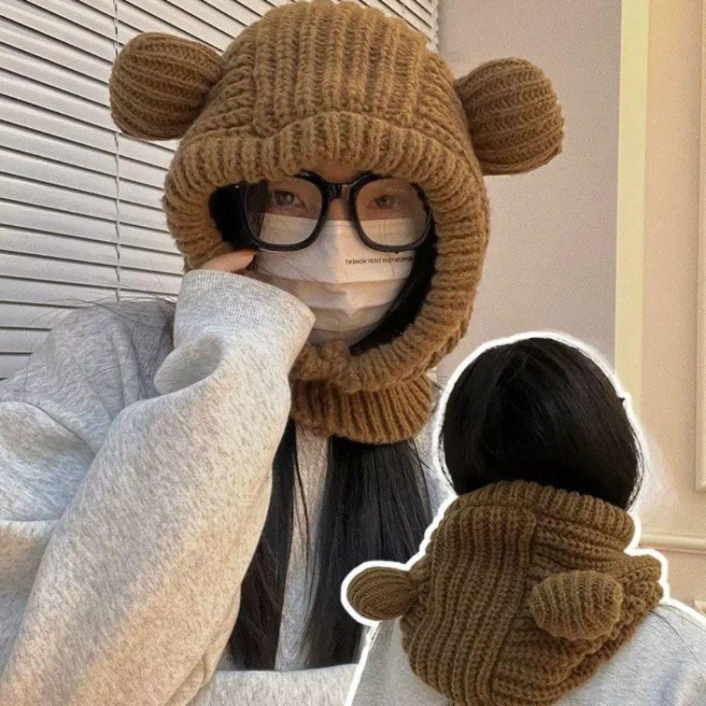 Thickened Snow Beanies Cap Bear Ear Hat Scarf Set Casual Winter Balaclava  Neck Warmer