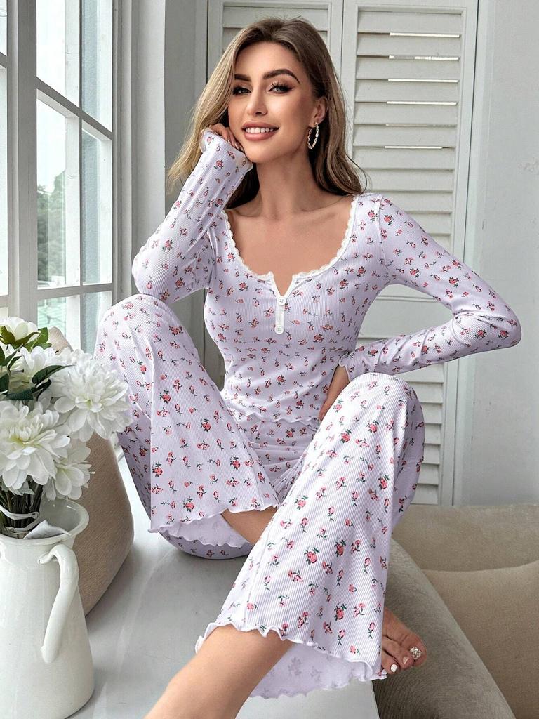 Europäischer und Amerikanischer Stil Damen Herbst- und Winter-Pyjama-Set Blumenmuster Langarm-Oberteil und Lange Hose Mode Lässige Loungewear