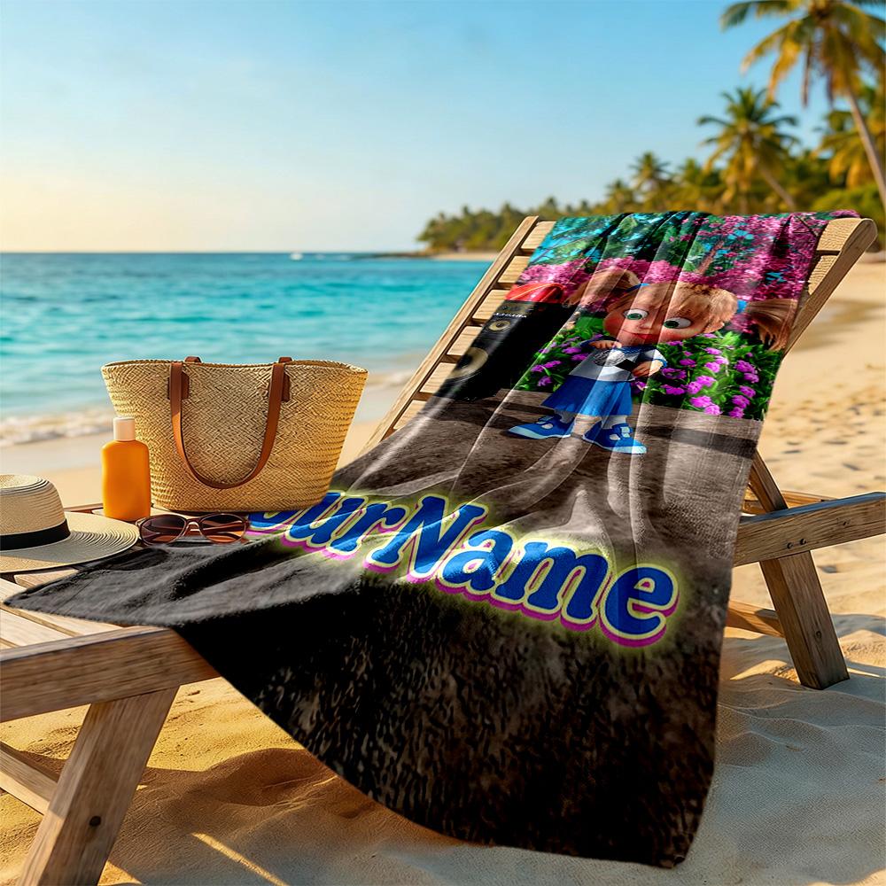 Masha Bear Personalized Name Beach Towel Super Soft Microfiber Quickdry Fabric Perfect for Traveling Yoga Camping and Swimming