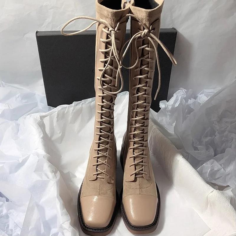 Women's Knee-high Boots High Quality Suede Leather Boot Lace Up Slim Long Tube Boots Knee-high Chelsea Boot Women Fashion Boots