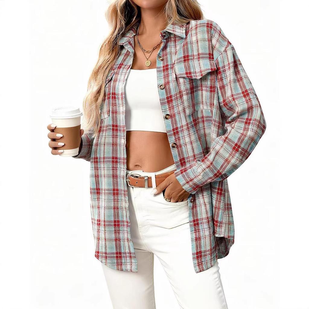 European & American Women's Casual Plaid Pocket Shirt – Autumn Winter 2025 Collection