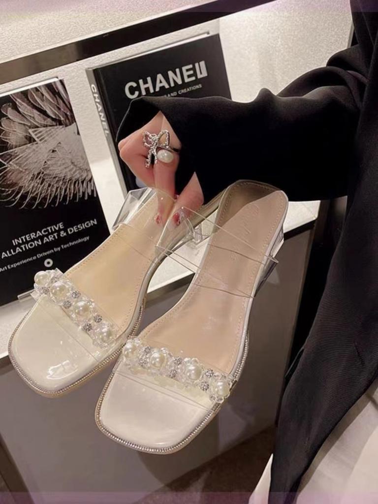 Summer Transparent Women's Slippers Square Toe Ladies Sandals Glitter Crystal Pearl Studs Sandals Comfortable Elegant Slippers