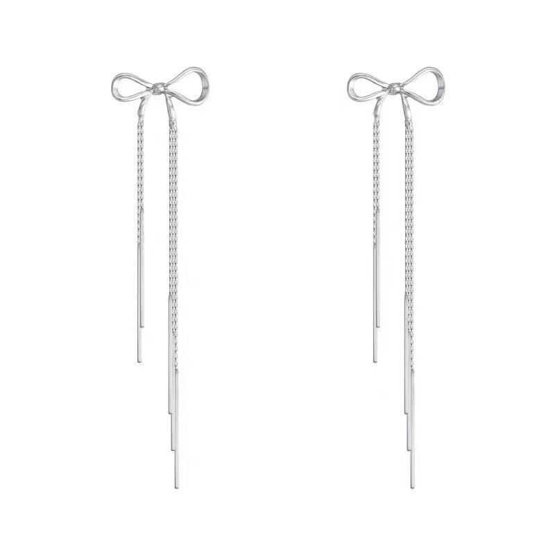 Bow temperament long fringed earrings women s autumn new trendy no ear piercings earrings