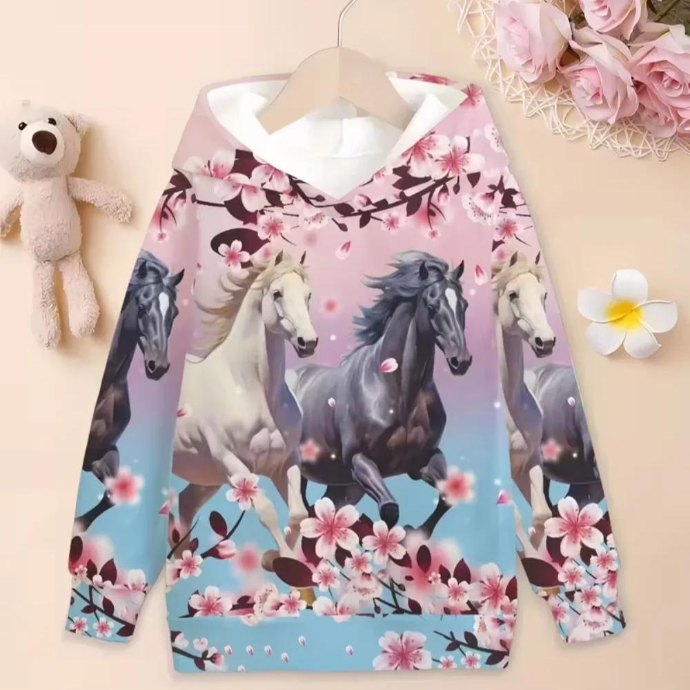 Autumn 3D Horse Printed Hoodies Fashionable Casual Sports Cool Long Sleeved Children's Girl Hooded Sweatshirts