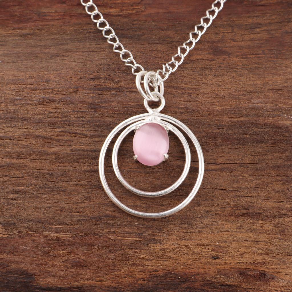 Pink Cat's Eye Pendant, 925 Sterling Silver Pendant Jewelry, Handmade Pendant Gemstone Jewelry For Memorial Day