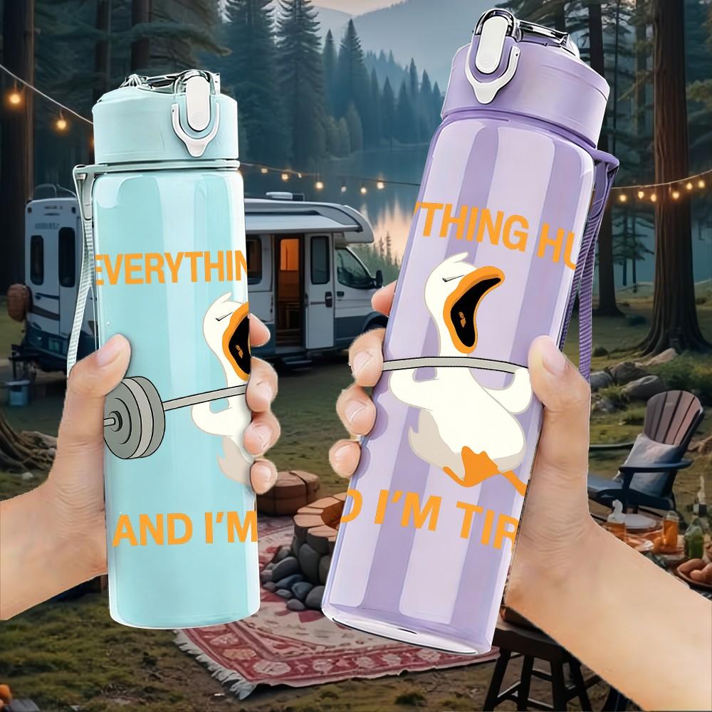 1PC Penguin Weightlifting Pattern 750ml Color Plastic Sports Water Bottle Leakproof Flip Straw Lid Suitable for Sports Office Home Use