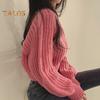 Autumn Winter Knitting Tops Round Neck Puff Long Sleeve Solid Color Loose Fit Casual Top Ribbed Trim Pullover Sweater