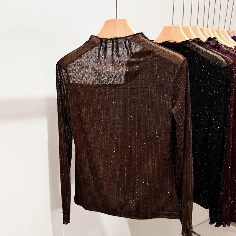 Women's Sparkling Semi-High Neck Mesh Base Layer: 2026 Slim Fit Long Sleeve T-Shirt, Shiny Silk for Spring/Autumn