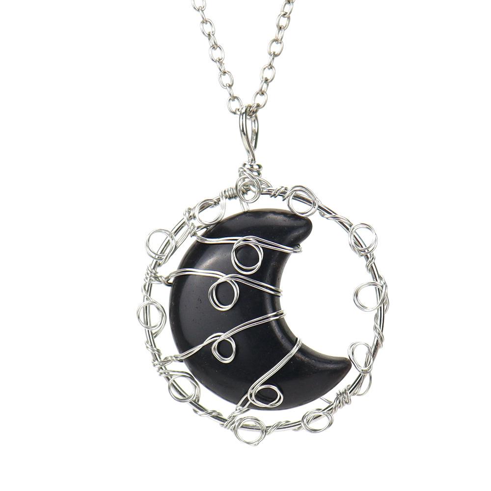 Hand-Woven Natural Crystal Agate Amethyst Moon Pendant Necklace Couple Jewelry N590