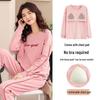 Women's Pajama Set with Chest Pad - Long Sleeve, Long Pants, Plus Size, Casual Homewear for Spring, Autumn, Winter