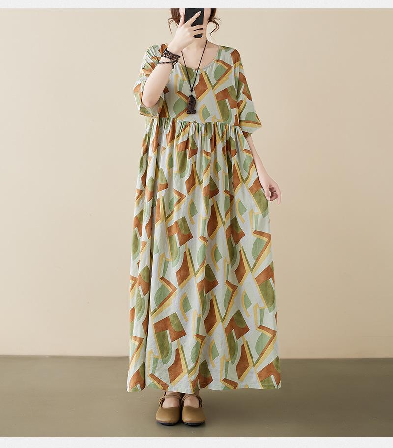 Johnature Vestido feminino de primavera com decote redondo e mangas curtas, estilo vintage, com emendas