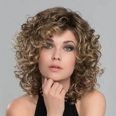 Parrucca da donna oro sfumato soffice con frangia lunga e capelli corti ricci