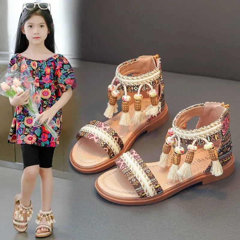 Kids Beach Shoes Non-slip Soft Sole Girls Roman Sandals Ethnic Style Bohemia 2025 New Fashion Children Princess Shoes Back Zip
