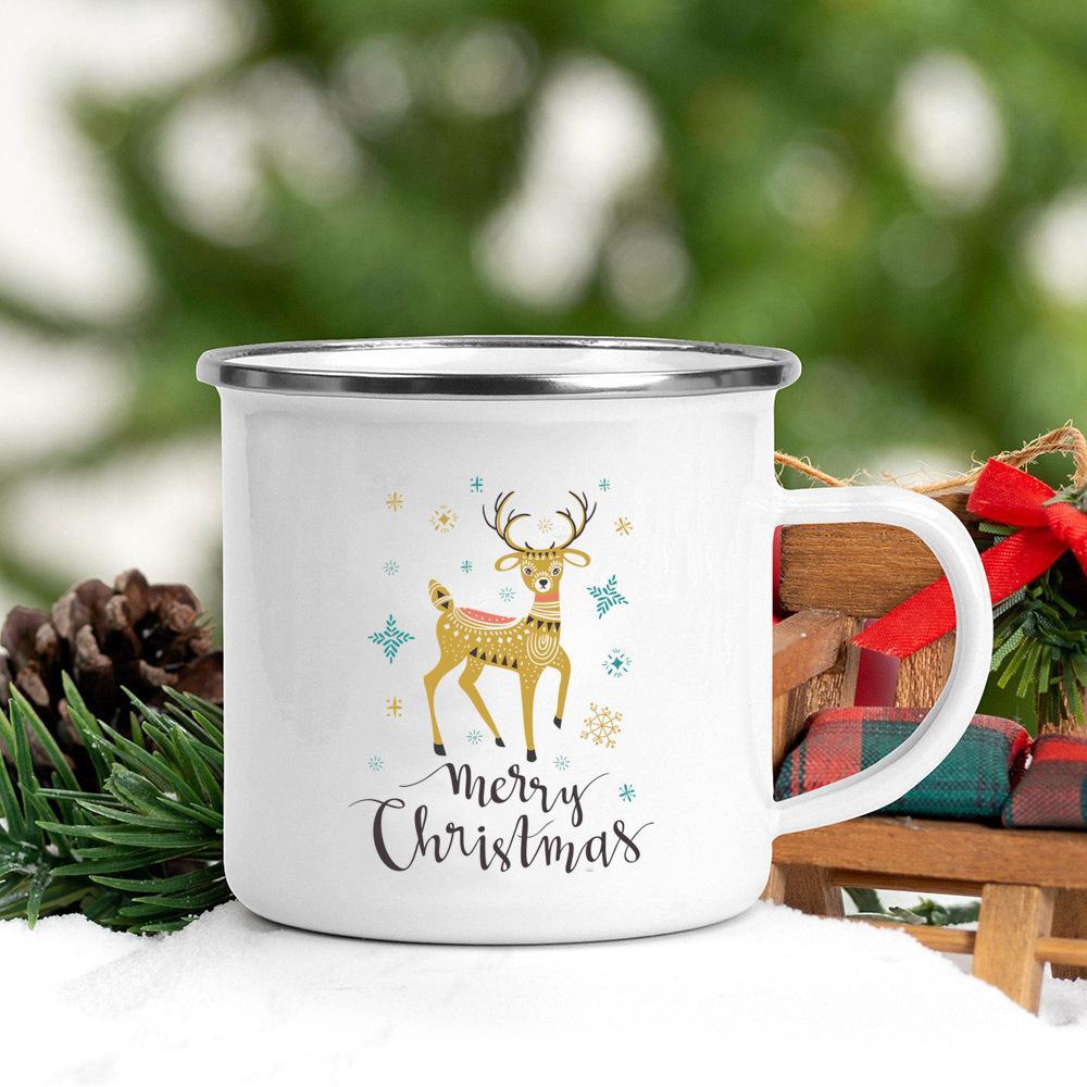 Holly Deer Print Mug Drink Juice Coffee Mugs Kids Enamel Milk Oat Mugs Merry Christmas Cups Home Party Decoration Xmas Eve Gift