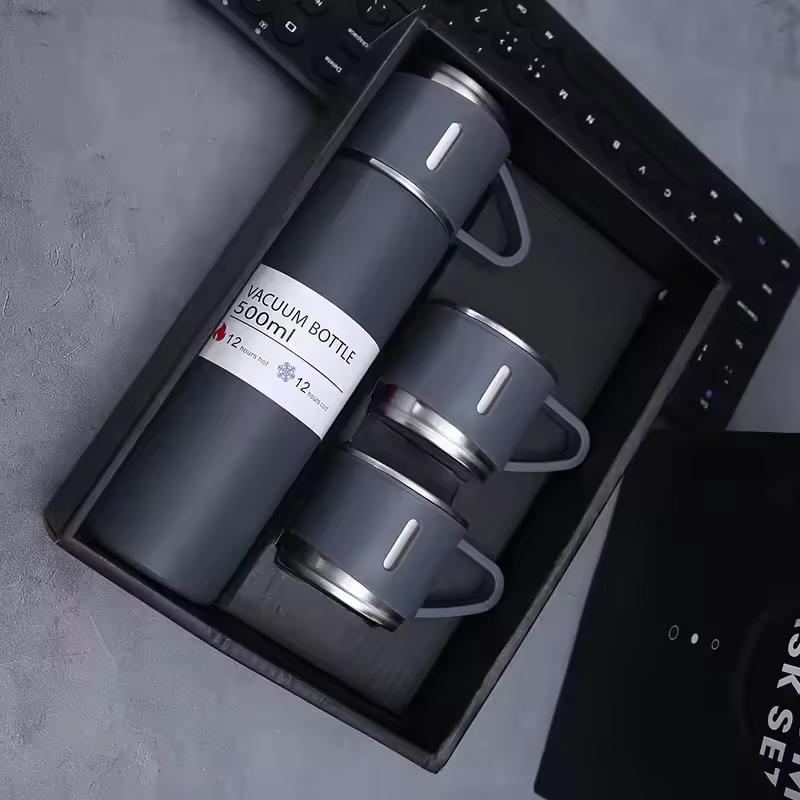 Custom 500ml Double-Wall Thermal Mug Gift Set Tea Cup 304 Stainless Steel Tumbler Water Bottle Portable Vacuum Flask with 2 Cups