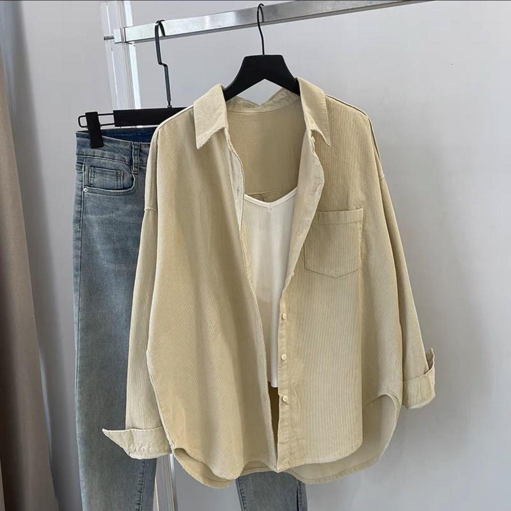 Women's Mid-Length Green Corduroy Shirt Jacket with Pockets - Spring 2025 Edition