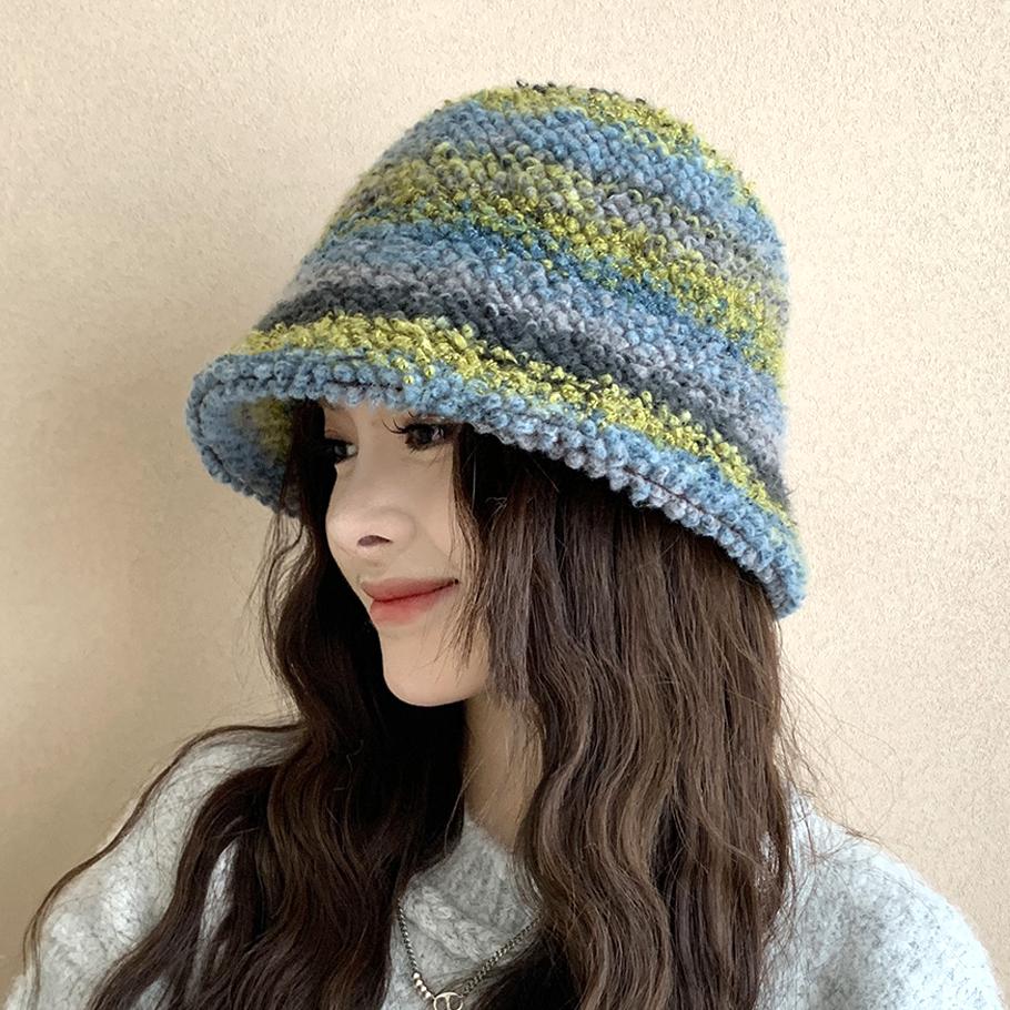 Colourful Knitted Bucket Hat Women Korea Autumn Winter Warm Dopamine Warm Fisherman's Hat Star Model Thickened