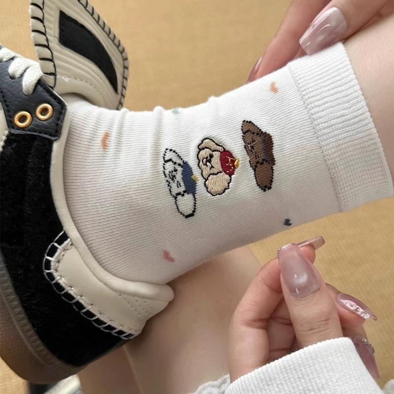 Little Dog Embroidered Socks, Pure Cotton Mid-calf Socks for Women, Boneless Anti-poughing, Cute Cartoon Pile Socks