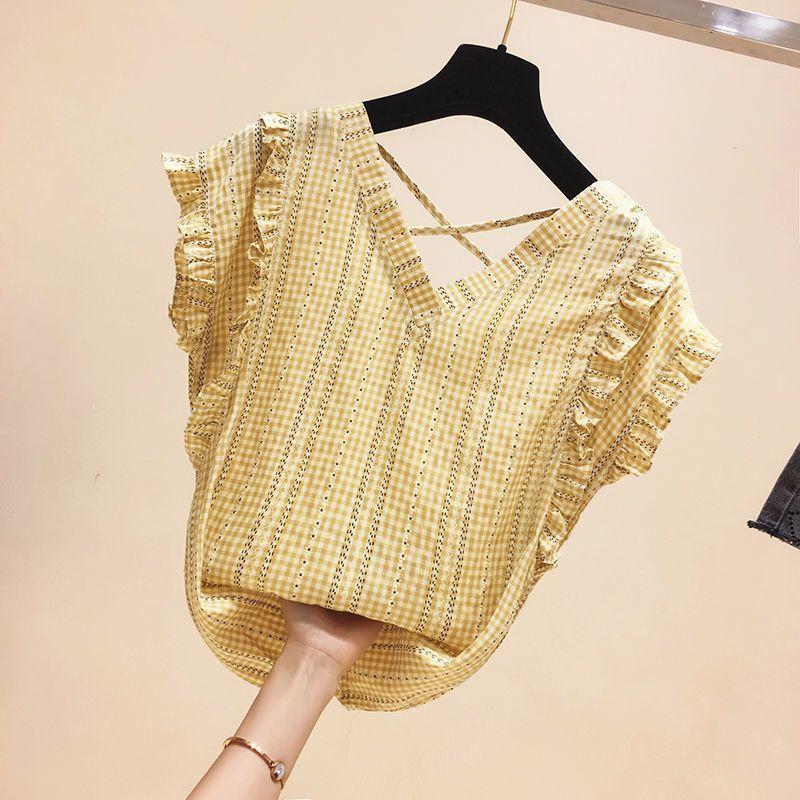 

Женская модная летняя рубашка в клетку, блузка в сетку с короткими рукавами в корейском стиле XXL жёлтый