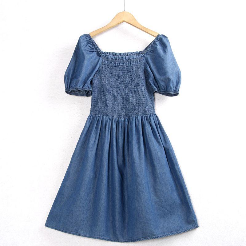 

Cotton Silk Tube Top Elastic Slim Fit Puff Sleeve Denim Skirt Blue XS