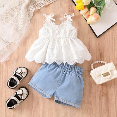 Mädchen Süßes Set Sommer Kinder Hohlspitze Weißes Neckholder-Top Modetrend Jeans-Set