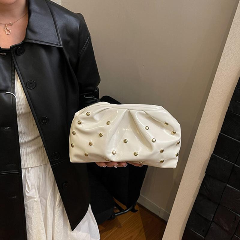 Yogodlns Simple Versatile Clip Evening Handbags for Women Solid Color Rivet Pleated Design Ladies Clutch Female Soft Pu Leather Purse