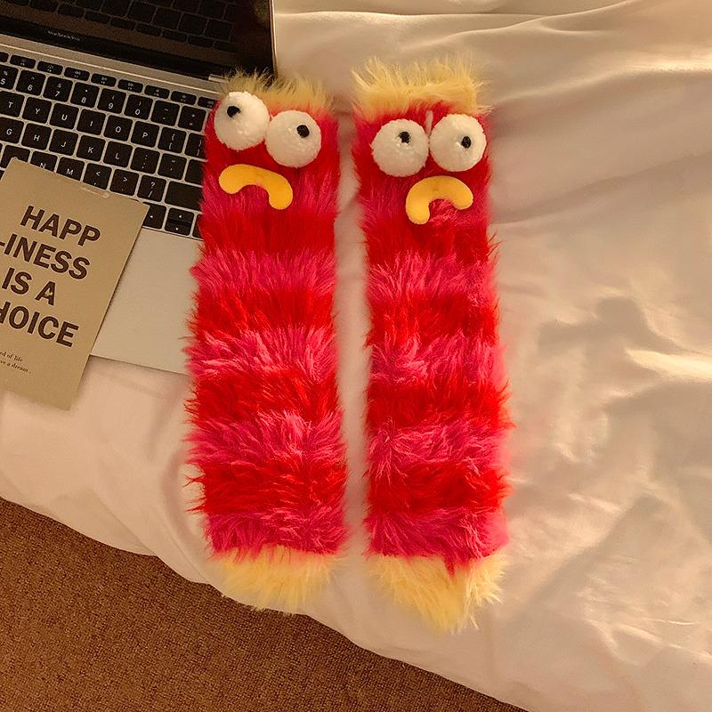 1Pair Ugly and Cute Funny Mink Fleece Floor Socks Thickened and Warm Autumn and Winter Cartoon Medium Sleeve Home Socks Big Eye