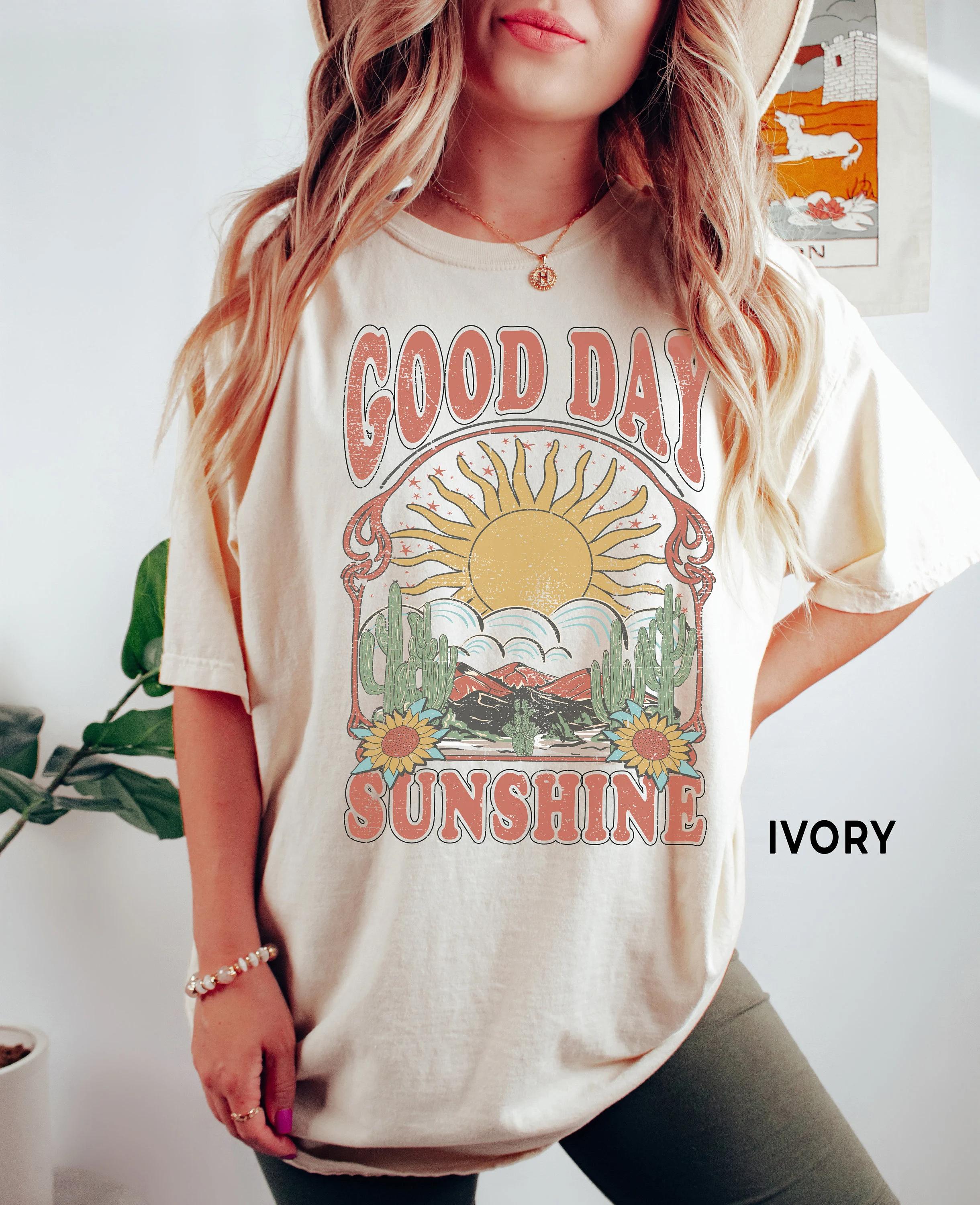 Summer Womens Good Day Sunshine TShirt Boho Tee Cotton and Breathable Short Sleeve Streetwear Oversized Loose Casual S
