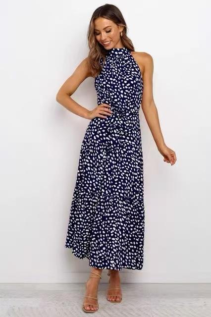 Women's long dress popular new neck polka dot printing lace-up dress