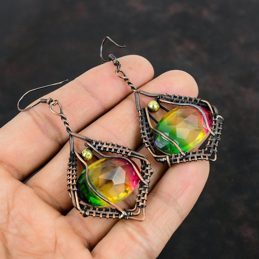 Faceted Multi Tourmaline Earring Copper Wire Wrapped Earring Original Gemstone Handmade Earrings Copper Wire Wrap Jewelry Anniversary Gifts