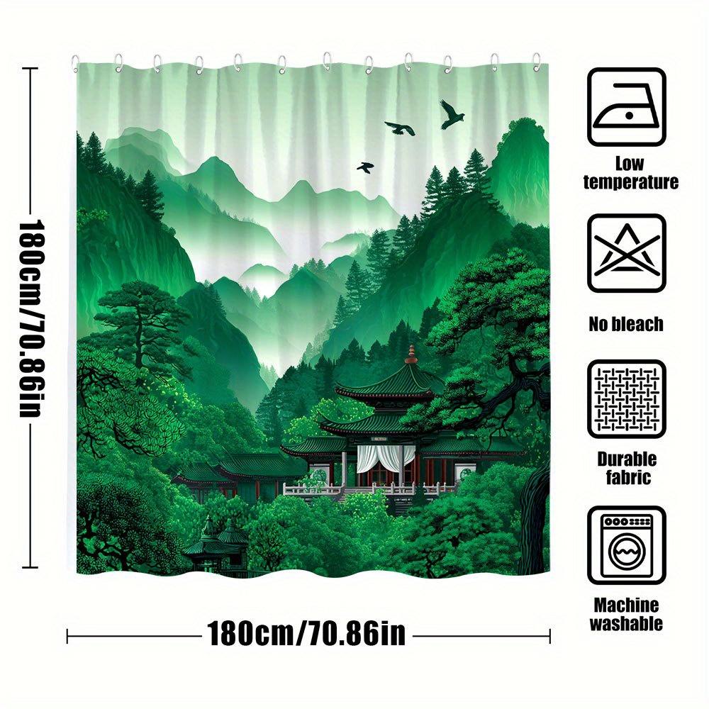1pc Chinese Garden Shower Curtain - Tiered Pagoda, Misty Mountains & Flying Birds Design, Lush Greenery, Traditional Asian Lands