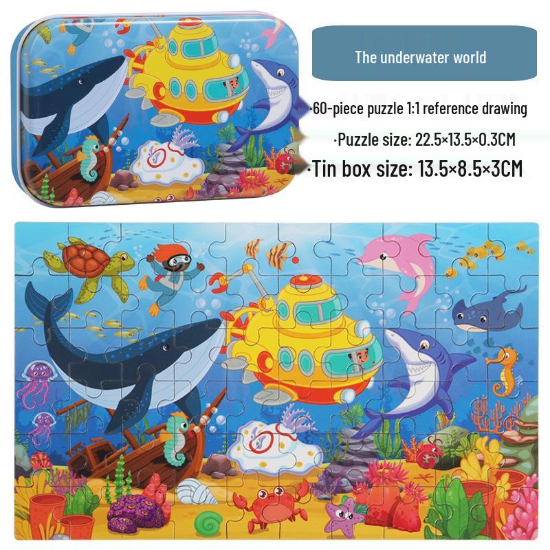 60-Piece Children's Wooden Cartoon Jigsaw Puzzle in Tin Box for Early Education