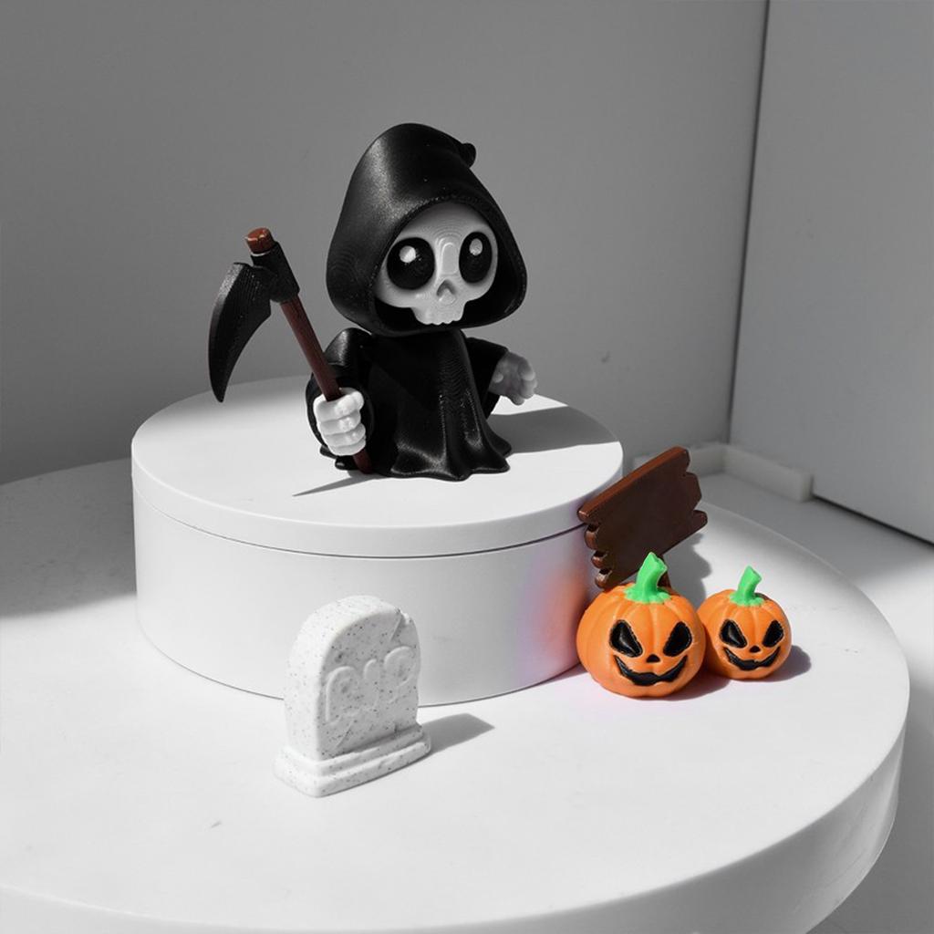 Halloween Decoration Set, Cute Grim Figurine With Pumpkins And Accessories, 3.46 Inch Height