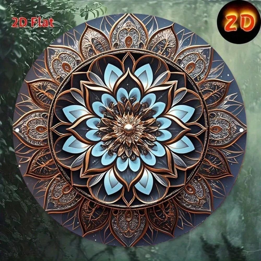 Tyrkysově modrá zlatá mandala kovové nástěnné umění 8x8 palců kulatá boho závěsná bezrámová dekorace do obývacího pokoje