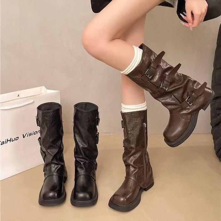 Temperament but knee Martin boots women's autumn and winter new long boots thick sole heightened pleated design knight boots