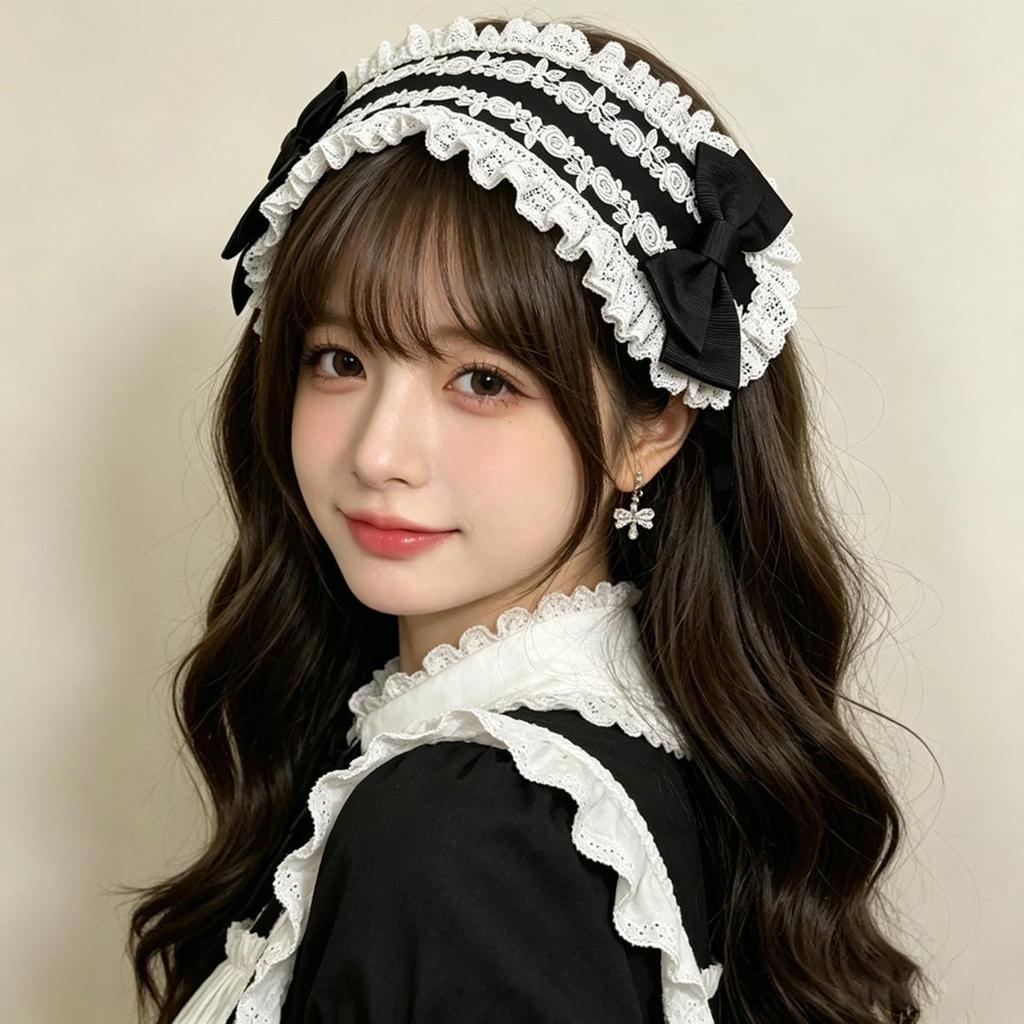 Classic Maid Lolita Hairband, Black & White Rose Embroidery Lace Headpiece, Sweet Gothic Lolita Bow Headdress with Long Ribbons