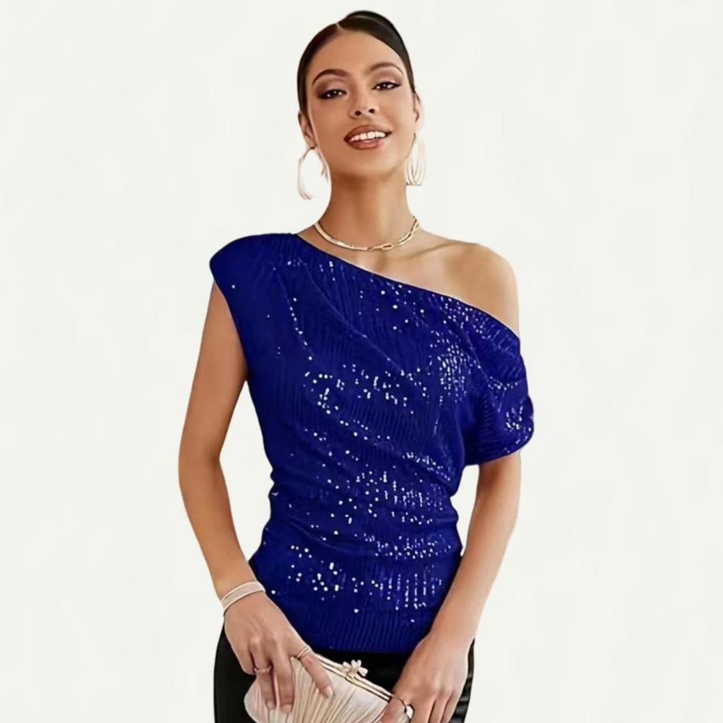 2023 Sequined Glitter Beaded Oblique Collar Short-Sleeve T-Shirt for Women - European/American Summer Style