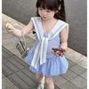 Kinder Sommer 2026 Kariertes Matrosenkragenkleid - Ärmellos Blau & Weiß Blasen Saum Prinzessinnen Stil