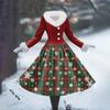 Women's Casual Dress Long-Sleeve V-Neck Patchwork Fleece Christmas Print Dress