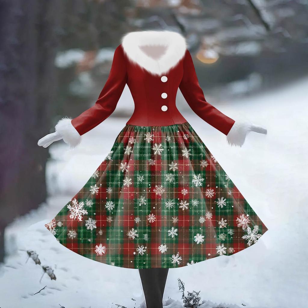 Women's Casual Dress Long-Sleeve V-Neck Patchwork Fleece Christmas Print Dress