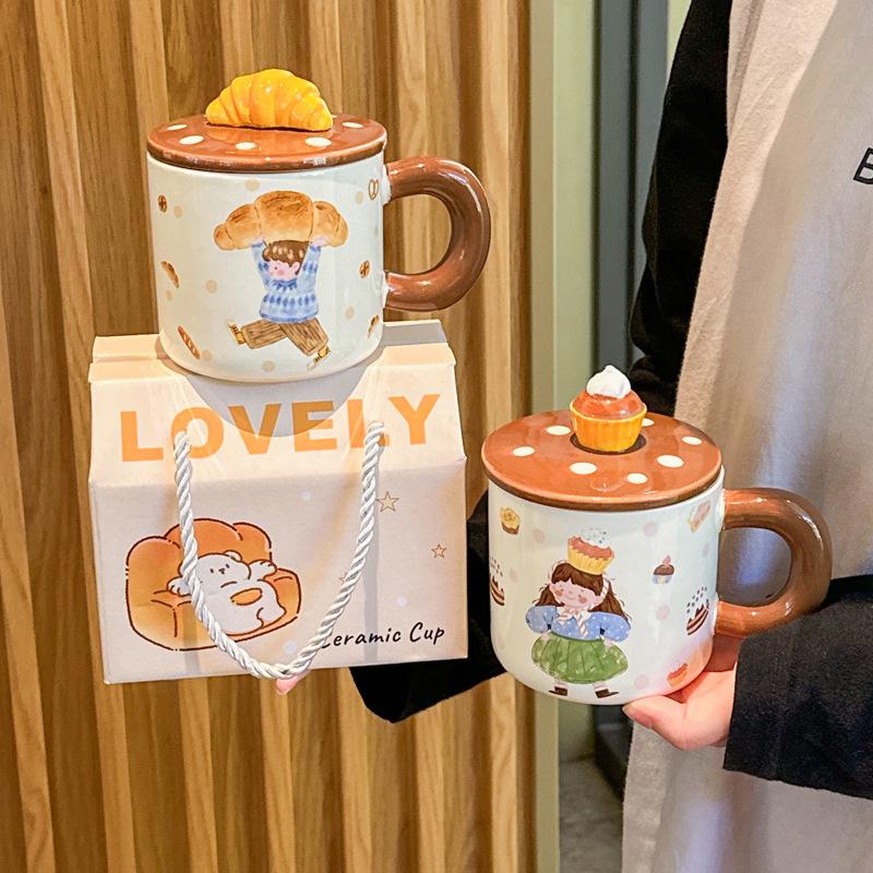 Cute milk fufu cake girl mug retro ceramic cup with lid girl birthday gift girlfriend souvenir