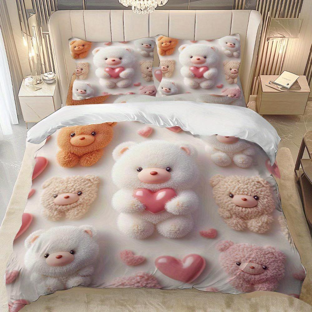 Lifesmells 2/3 st Bedårande Nallebjörn Hjärtmönster Påslakan Set Nallebjörn Hjärta Sängöverdrag Set Mysigt och Charmigt Sängkläder Set
