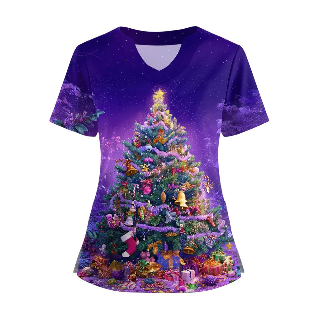 Women's Short Sleeved Christmas Printed V-neck Buttonable Side Slit Top T-shirt